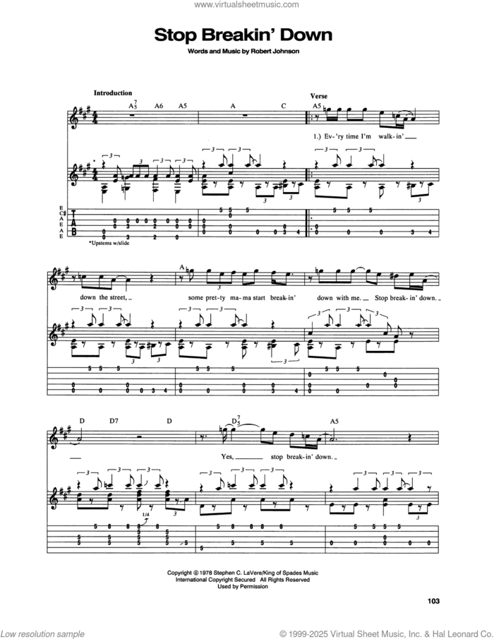 Stop Breakin' Down Blues sheet music for guitar (tablature) by Robert Johnson, intermediate skill level
