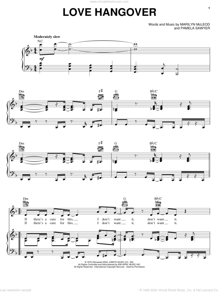 Love Hangover sheet music for voice, piano or guitar by Diana Ross, Marilyn McLeod and Pamela Sawyer, intermediate skill level