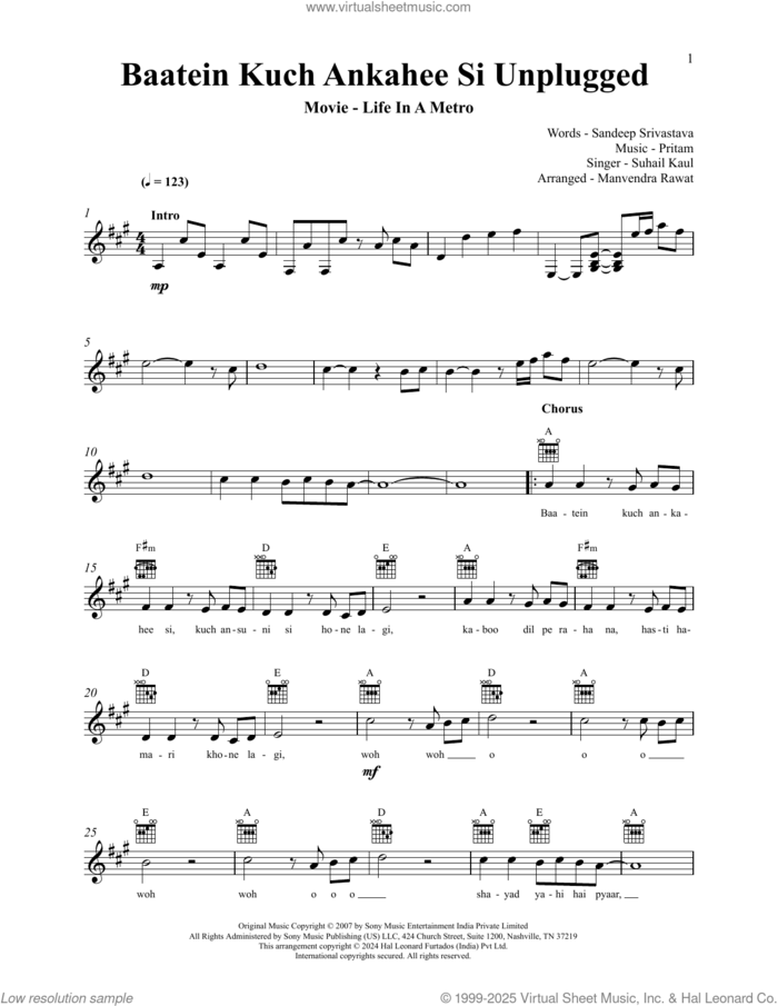 Baatein Kuch Ankahee Si (Unplugged) (from Life In A Metro) sheet music for voice and other instruments (fake book) by Pritam Chakraborty and Sandeep Srivastava, intermediate skill level
