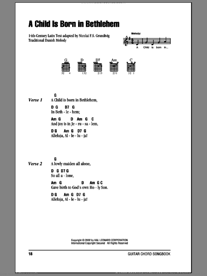 A Child Is Born In Bethlehem sheet music for guitar (chords) by Traditional Danish Melody and Nicolai F.S. Grundtvig, intermediate skill level