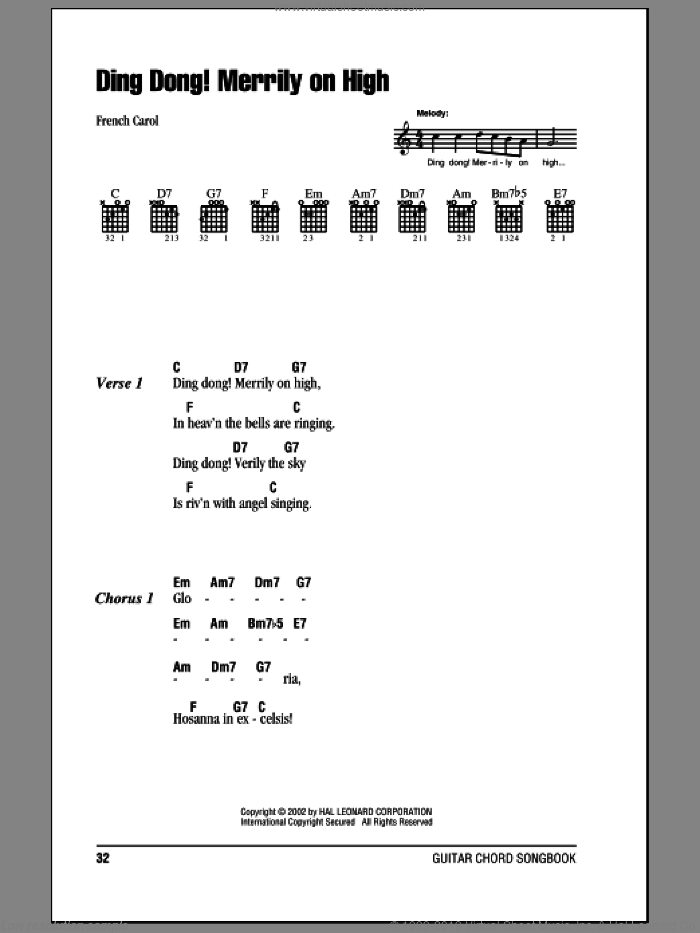 Ding Dong! Merrily On High! sheet music for guitar (chords), intermediate skill level