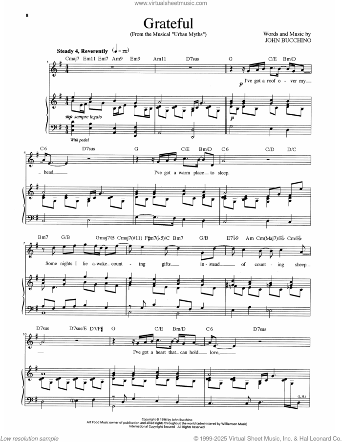 Grateful sheet music for voice and piano by John Bucchino, intermediate skill level