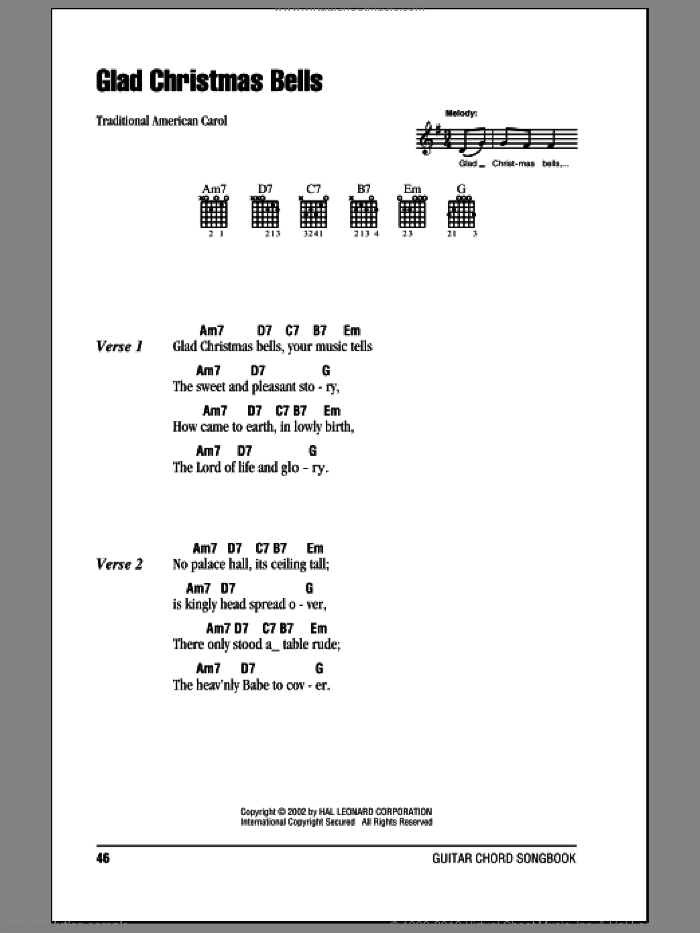 Glad Christmas Bells sheet music for guitar (chords) by Traditional American Carol, intermediate skill level