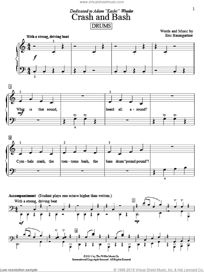 Crash And Bash (Drums) sheet music for piano solo (elementary) by Eric Baumgartner, beginner piano (elementary)