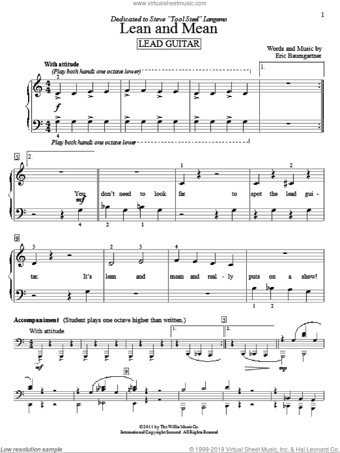 Lean And Mean (Lead Guitar) sheet music for piano solo (elementary) by Eric Baumgartner, beginner piano (elementary)
