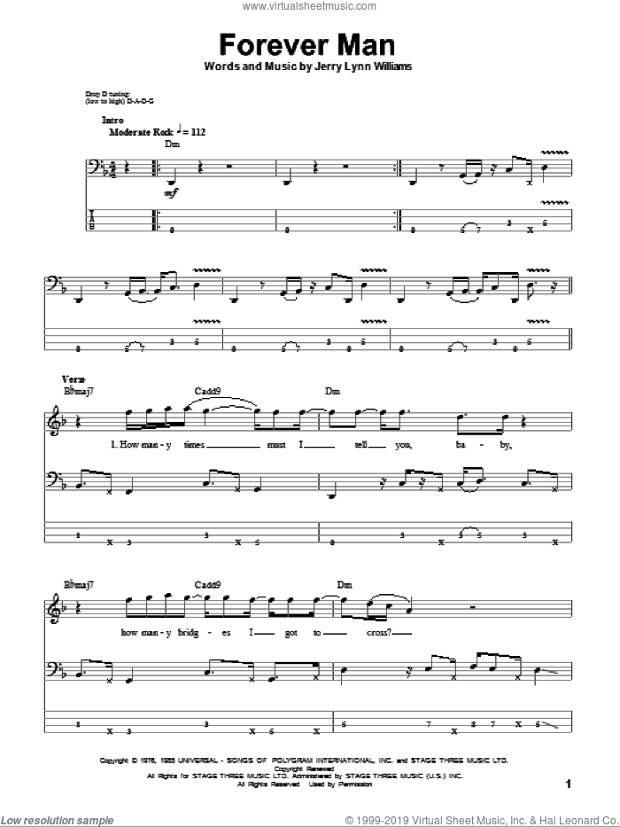 Forever Man sheet music for bass (tablature) (bass guitar) by Eric Clapton and Jerry Lynn Williams, intermediate skill level