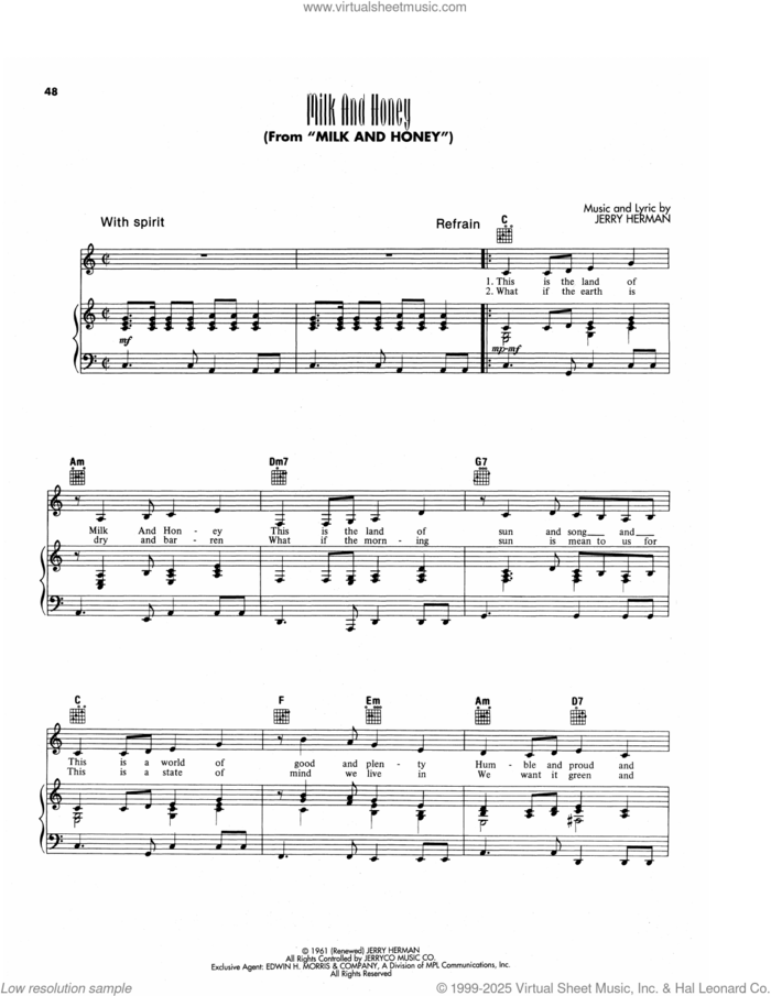 Milk And Honey sheet music for voice, piano or guitar by Jerry Herman, intermediate skill level