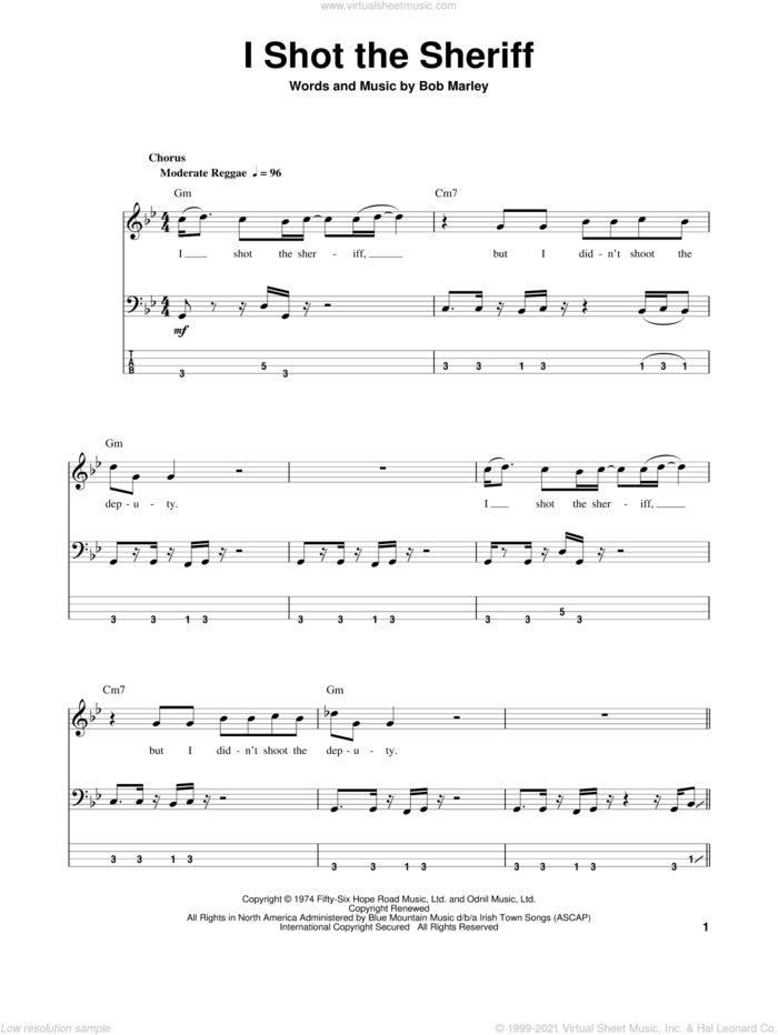 I Shot The Sheriff sheet music for bass (tablature) (bass guitar) by Eric Clapton, Warren G and Bob Marley, intermediate skill level