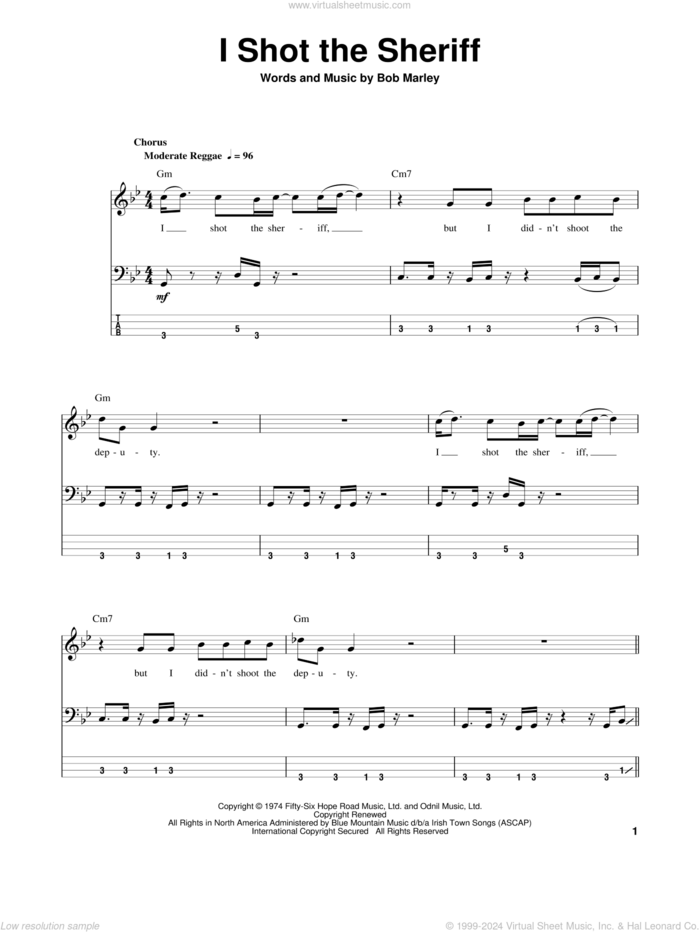 I Shot The Sheriff sheet music for bass (tablature) (bass guitar) by Eric Clapton, Warren G and Bob Marley, intermediate skill level