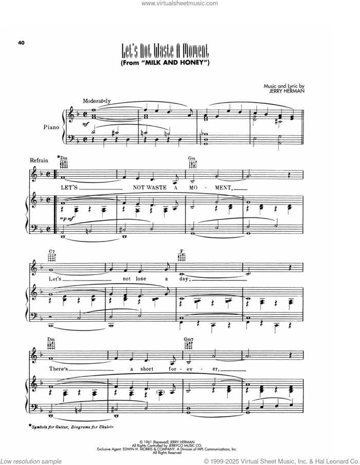 Let's Not Waste A Moment (from Milk And Honey) sheet music for voice, piano or guitar by Jerry Herman, intermediate skill level
