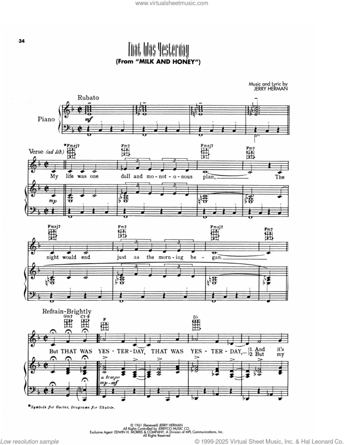 That Was Yesterday (from Hello, Dolly!) sheet music for voice, piano or guitar by Jerry Herman, intermediate skill level