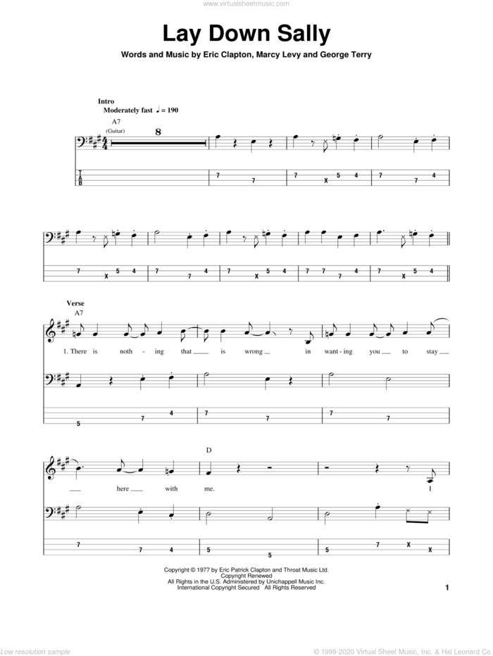 Lay Down Sally sheet music for bass (tablature) (bass guitar) by Eric Clapton, George Terry and Marcy Levy, intermediate skill level