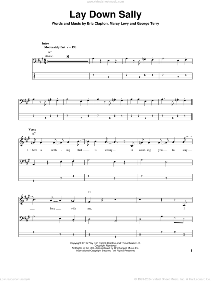 Lay Down Sally sheet music for bass (tablature) (bass guitar) by Eric Clapton, George Terry and Marcy Levy, intermediate skill level