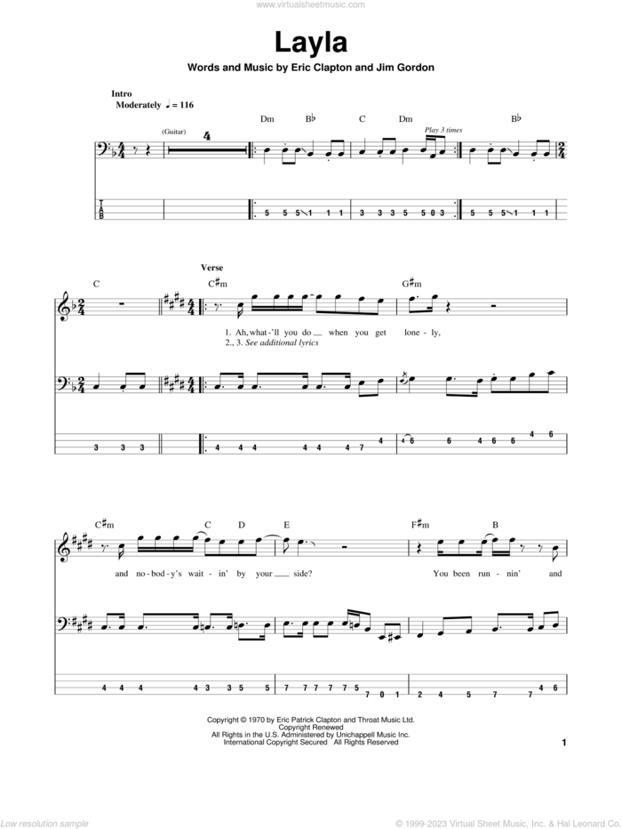 Layla sheet music for bass (tablature) (bass guitar) by Eric Clapton, Derek And The Dominos and Jim Gordon, intermediate skill level
