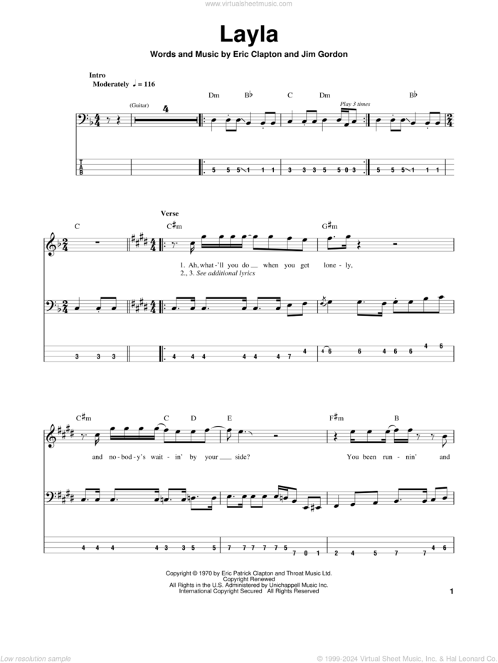 Layla sheet music for bass (tablature) (bass guitar) by Eric Clapton, Derek And The Dominos and Jim Gordon, intermediate skill level