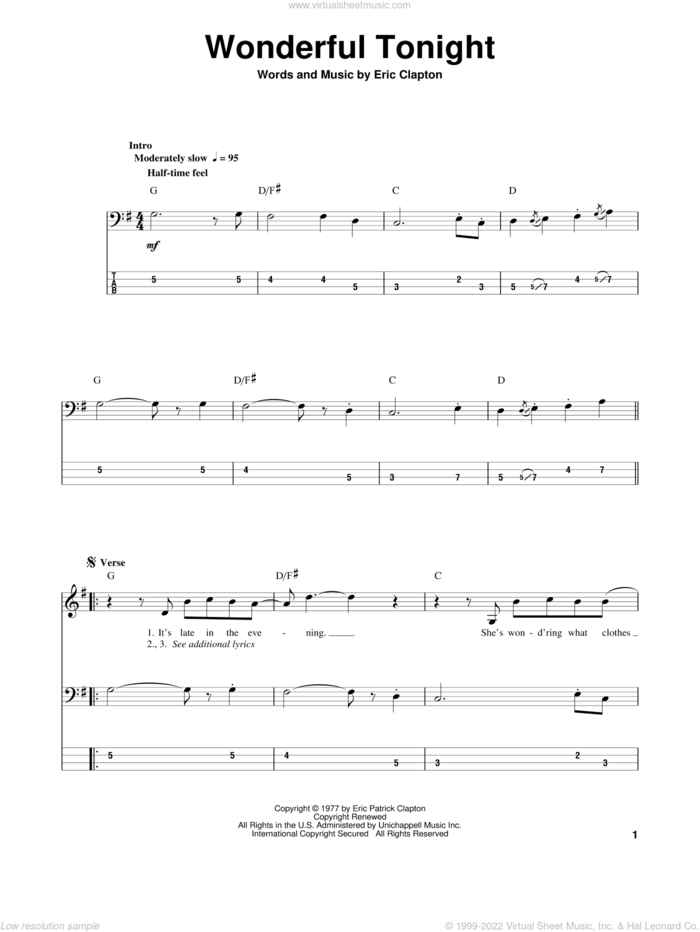 Wonderful Tonight sheet music for bass (tablature) (bass guitar) by Eric Clapton and David Kersh, wedding score, intermediate skill level