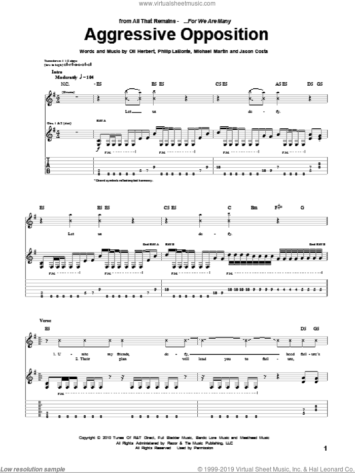 Aggressive Opposition sheet music for guitar (tablature) by All That Remains, Jason Costa, Michael Martin, Oli Herbert and Philip LaBonte, intermediate skill level