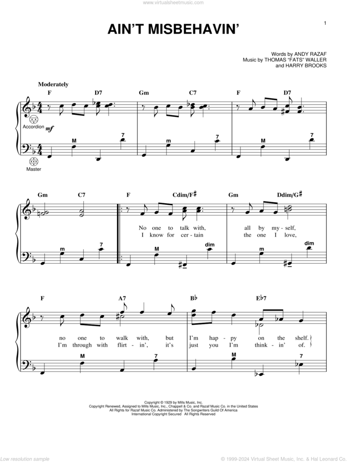 Ain't Misbehavin' sheet music for accordion by Andy Razaf, Gary Meisner, Louis Armstrong, Thomas Waller, Thomas Waller and Harry Brooks, intermediate skill level