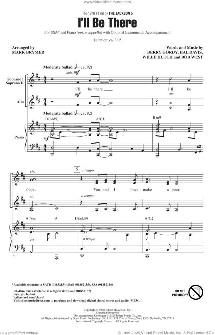 I'll Be There (arr. Mark Brymer) sheet music for choir (SSA: soprano, alto) by The Jackson 5, Mark Brymer, Michael Jackson, Berry Gordy Jr., Bob West, Hal Davis and Willie Hutch, intermediate skill level