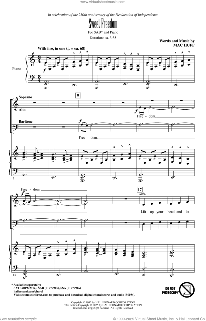 Sweet Freedom! sheet music for choir (SAB: soprano, alto, bass) by Mac Huff, intermediate skill level
