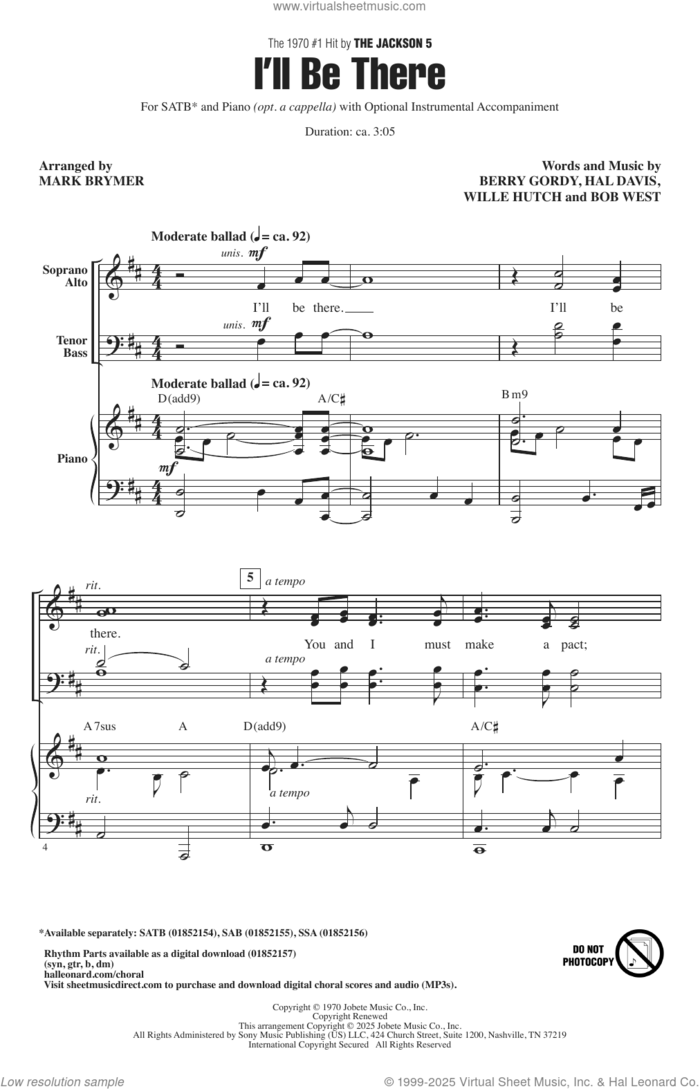 I'll Be There (arr. Mark Brymer) sheet music for choir (SATB: soprano, alto, tenor, bass) by The Jackson 5, Mark Brymer, Michael Jackson, Berry Gordy Jr., Bob West, Hal Davis and Willie Hutch, intermediate skill level