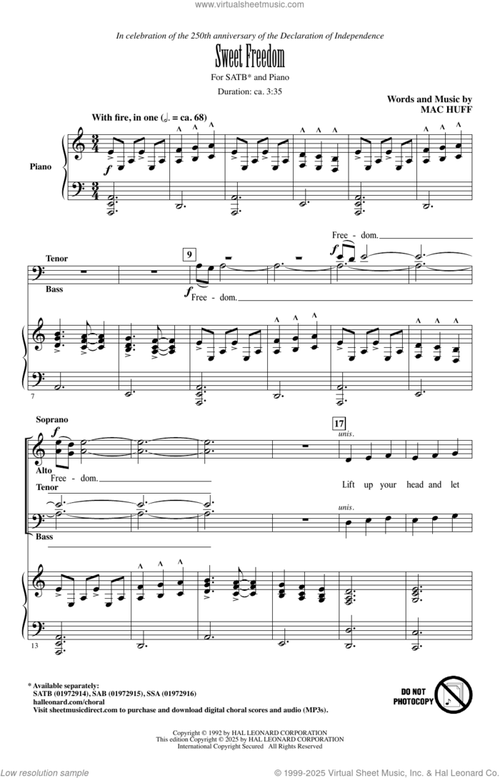 Sweet Freedom! sheet music for choir (SATB: soprano, alto, tenor, bass) by Mac Huff, intermediate skill level