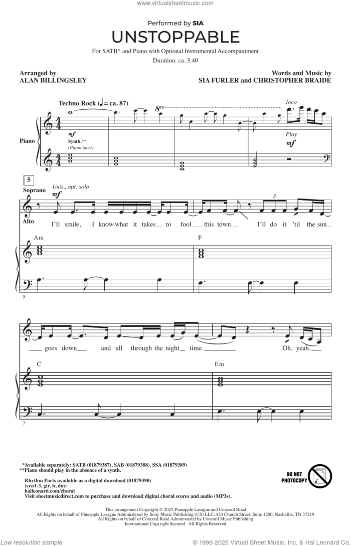 Unstoppable (arr. Alan Billingsley) sheet music for choir (SATB: soprano, alto, tenor, bass) by Sia, Alan Billingsley, Chris Braide and Sia Furler, intermediate skill level