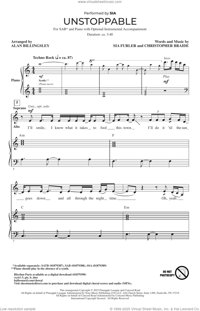 Unstoppable (arr. Alan Billingsley) sheet music for choir (SAB: soprano, alto, bass) by Sia, Alan Billingsley, Chris Braide and Sia Furler, intermediate skill level