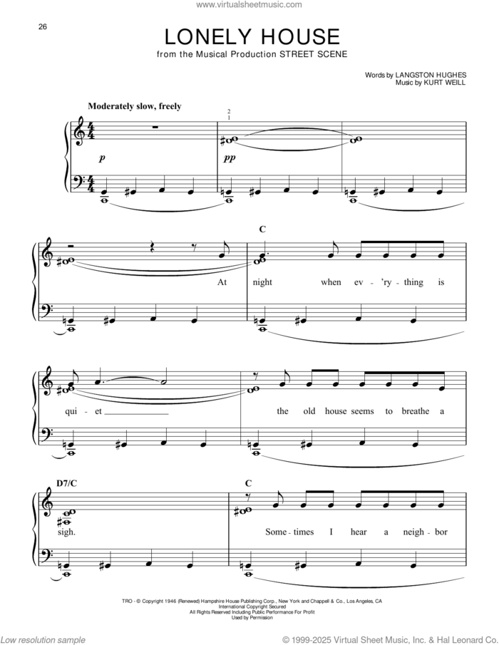 Lonely House (from Street Scene) sheet music for piano solo by Kurt Weill and Langston Hughes, classical score, easy skill level