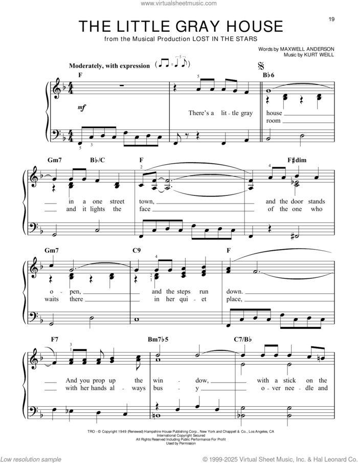 The Little Gray House (from Lost In The Stars) sheet music for piano solo by Kurt Weill and Maxwell Anderson, easy skill level