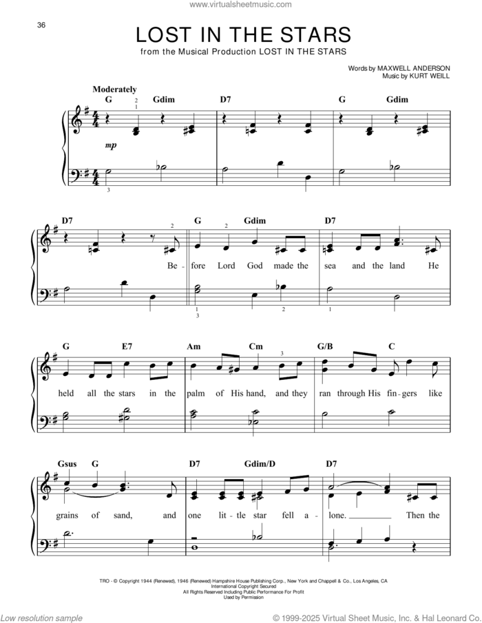 Lost In The Stars sheet music for piano solo by Kurt Weill and Maxwell Anderson, easy skill level