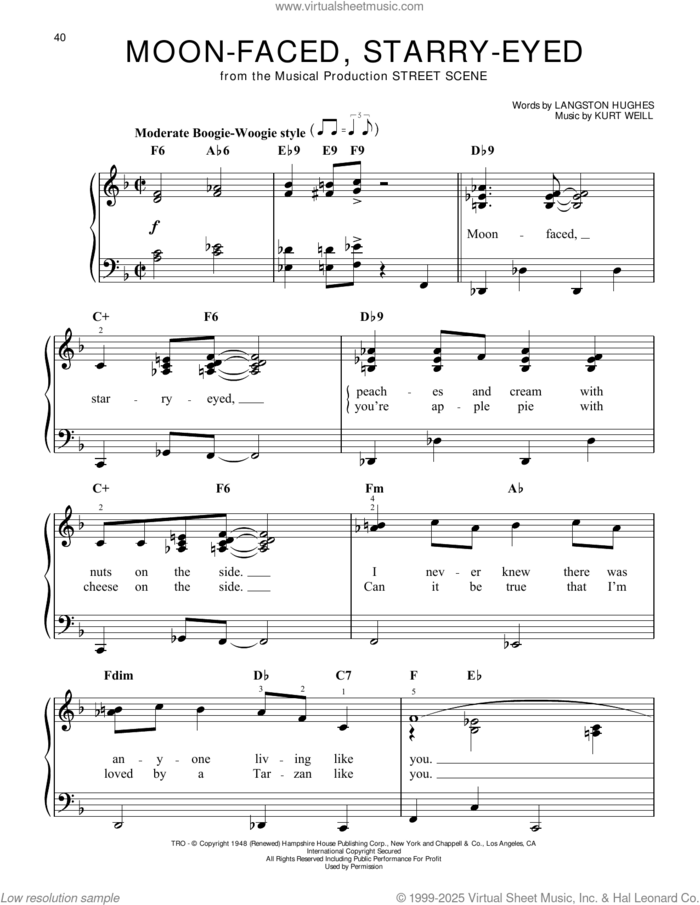 Moon-Faced, Starry-Eyed (from Street Scene) sheet music for piano solo by Kurt Weill and Langston Hughes, classical score, easy skill level