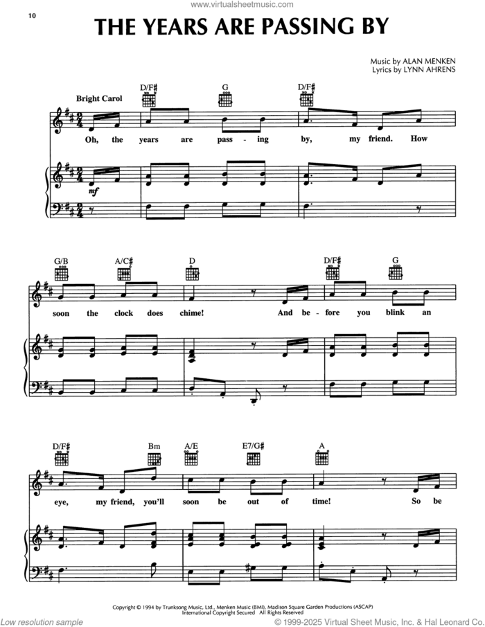 The Years Are Passing By (from A Christmas Carol) sheet music for voice, piano or guitar by Lynn Ahrens and Alan Menken, intermediate skill level