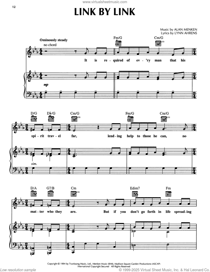 Link By Link (from A Christmas Carol) sheet music for voice, piano or guitar by Lynn Ahrens and Alan Menken, intermediate skill level