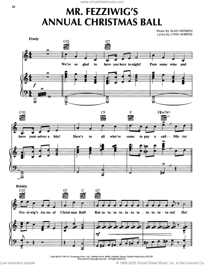 Mr. Fezziwig's Annual Christmas Ball (from A Christmas Carol) sheet music for voice, piano or guitar by Lynn Ahrens and Alan Menken, intermediate skill level