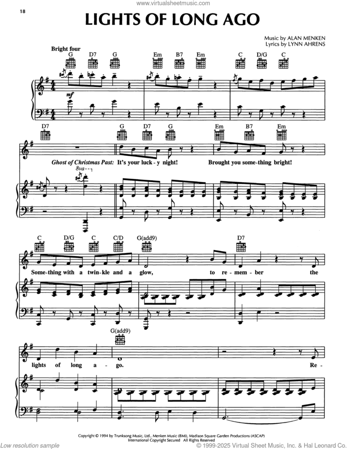 Lights Of Long Ago (from A Christmas Carol) sheet music for voice, piano or guitar by Lynn Ahrens and Alan Menken, intermediate skill level
