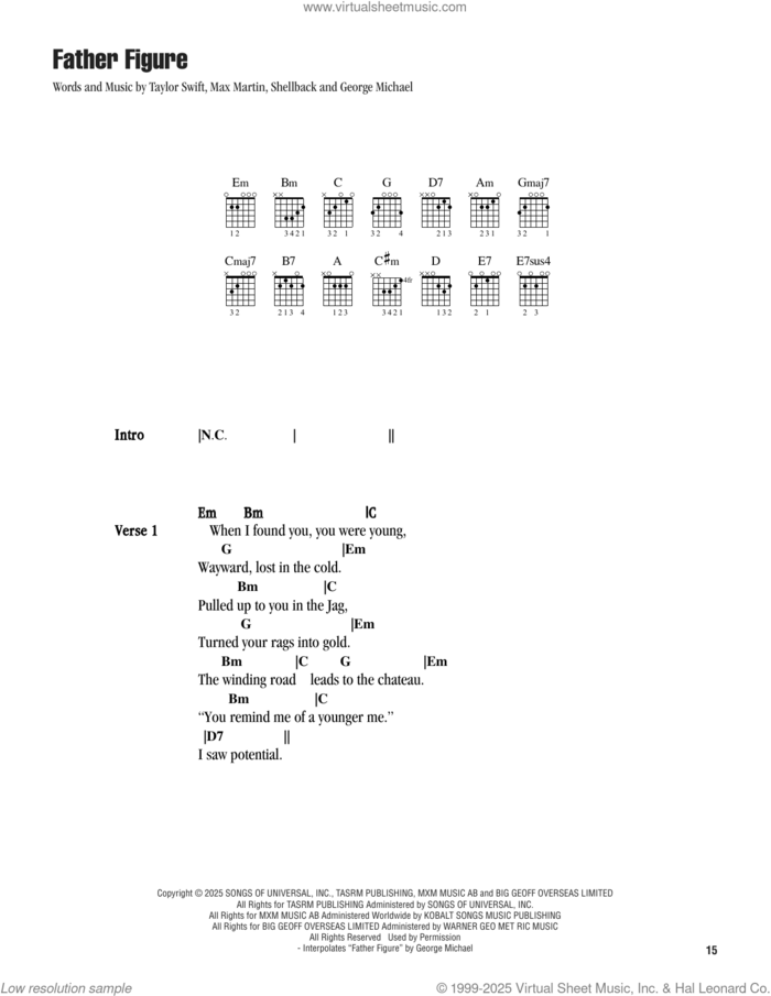 Father Figure sheet music for guitar (chords) by Taylor Swift, George Michael, Max Martin and Shellback (aka Johan Schuster), intermediate skill level