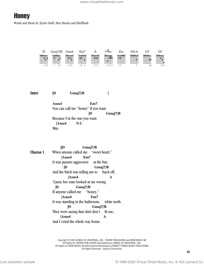 Honey sheet music for guitar (chords) by Taylor Swift, Max Martin and Shellback (aka Johan Schuster), intermediate skill level