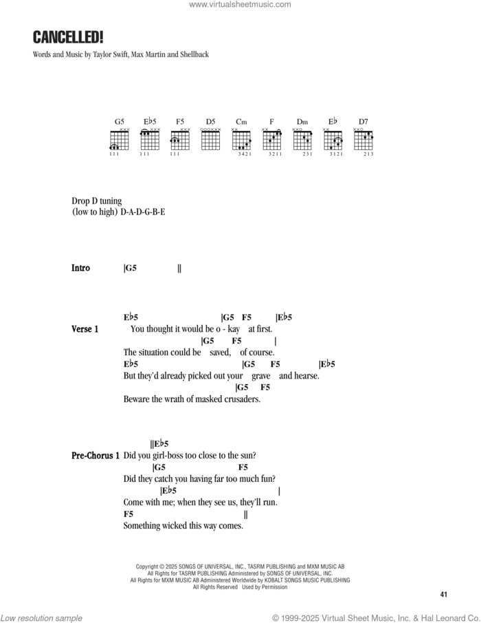 CANCELLED! sheet music for guitar (chords) by Taylor Swift, Max Martin and Shellback (aka Johan Schuster), intermediate skill level