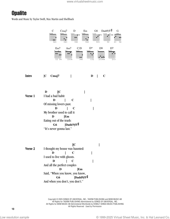 Opalite sheet music for guitar (chords) by Taylor Swift, Max Martin and Shellback (aka Johan Schuster), intermediate skill level