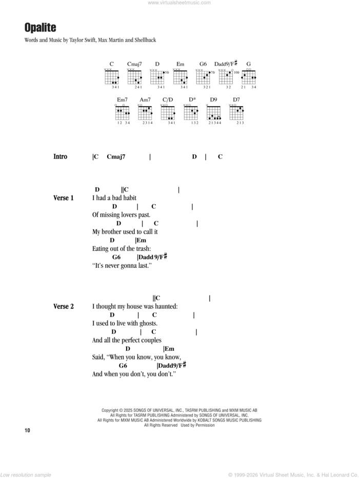 Opalite sheet music for guitar (chords) by Taylor Swift, Max Martin and Shellback (aka Johan Schuster), intermediate skill level