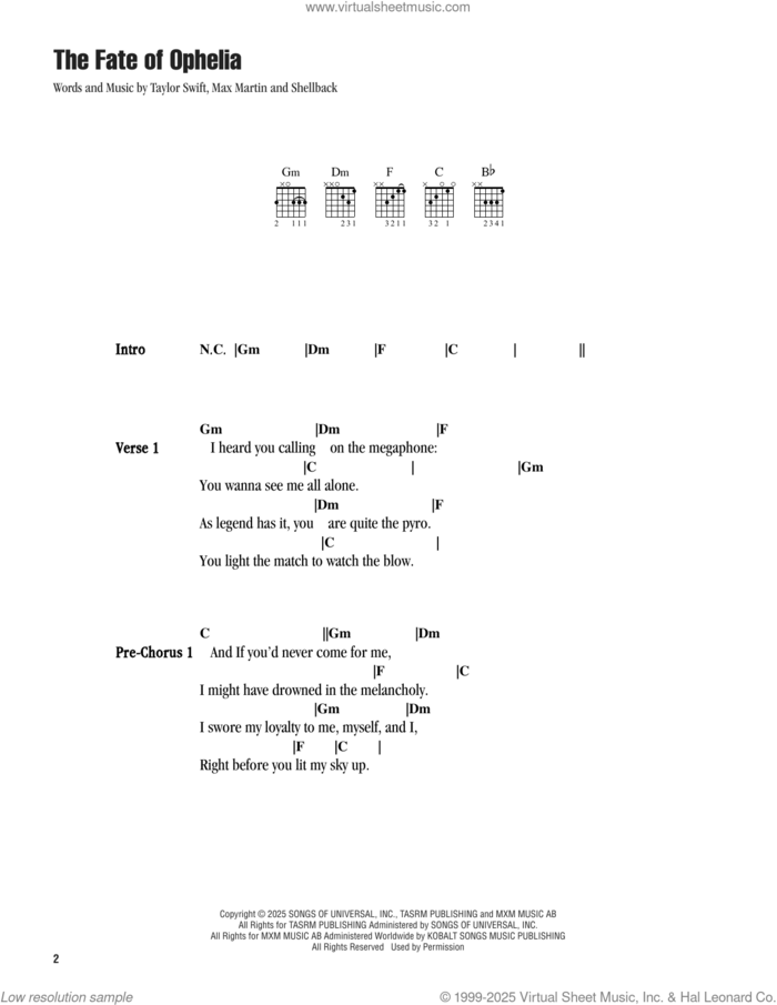 The Fate Of Ophelia sheet music for guitar (chords) by Taylor Swift, Max Martin and Shellback (aka Johan Schuster), intermediate skill level