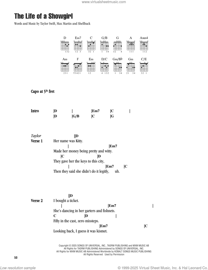 The Life Of A Showgirl (feat. Sabrina Carpenter) sheet music for guitar (chords) by Taylor Swift, Max Martin and Shellback (aka Johan Schuster), intermediate skill level