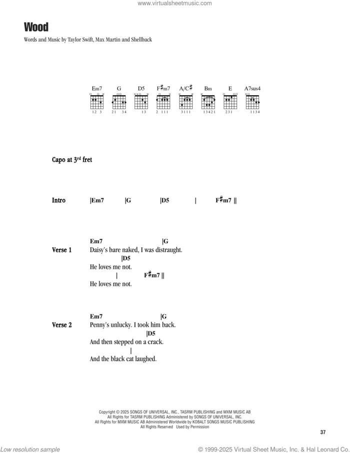 Wood sheet music for guitar (chords) by Taylor Swift, Max Martin and Shellback (aka Johan Schuster), intermediate skill level