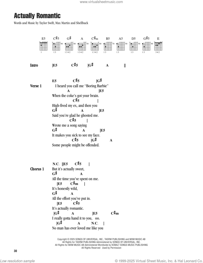 Actually Romantic sheet music for guitar (chords) by Taylor Swift, Max Martin and Shellback (aka Johan Schuster), intermediate skill level