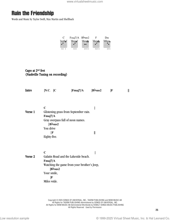 Ruin The Friendship sheet music for guitar (chords) by Taylor Swift, Max Martin and Shellback (aka Johan Schuster), intermediate skill level