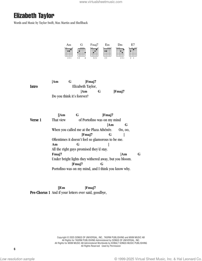 Elizabeth Taylor sheet music for guitar (chords) by Taylor Swift, Max Martin and Shellback (aka Johan Schuster), intermediate skill level