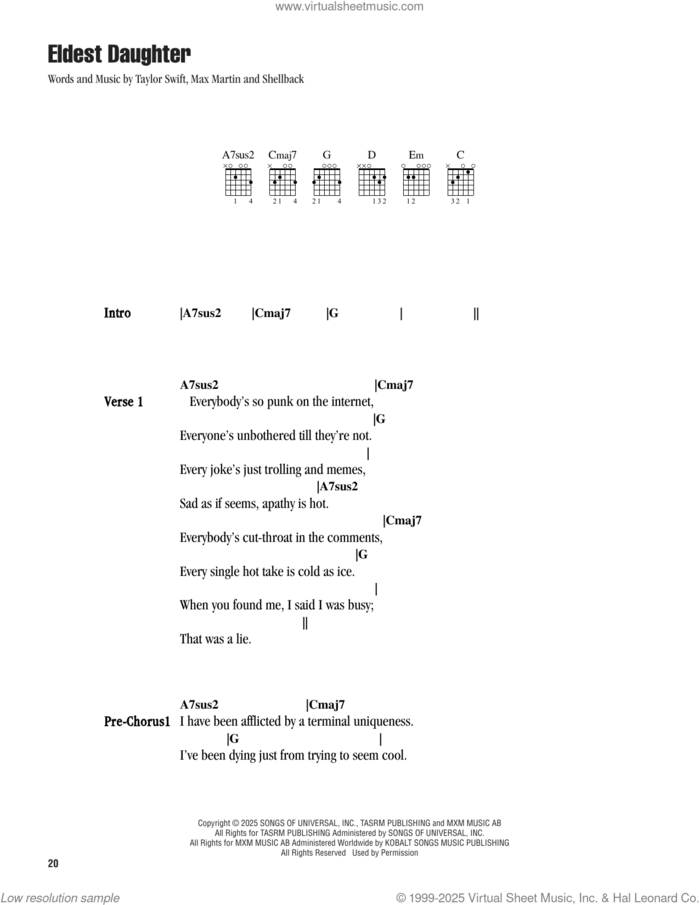 Eldest Daughter sheet music for guitar (chords) by Taylor Swift, Max Martin and Shellback (aka Johan Schuster), intermediate skill level