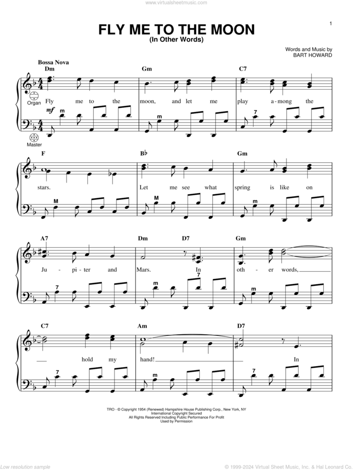 Fly Me To The Moon (In Other Words) sheet music for accordion by Frank Sinatra, Tony Bennett and Bart Howard, wedding score, intermediate skill level