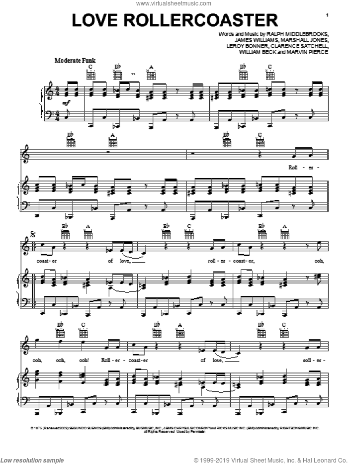 Love Rollercoaster sheet music for voice, piano or guitar by Ohio Players, Red Hot Chili Peppers, Clarence Satchell, James L. Williams and Leroy Bonner, intermediate skill level